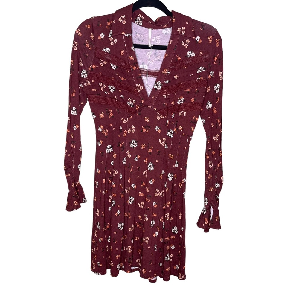 Free People Good Days Mini Dress Floral Long Sleeve Burgundy